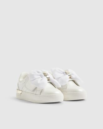 Mini Girls vita monogramskor med kardborreband och rosett
