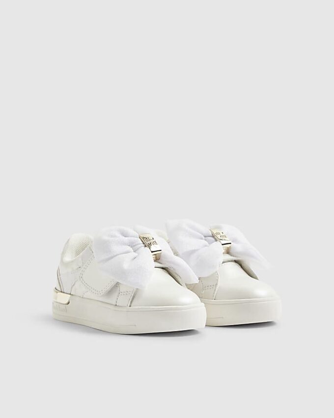 Mini Girls vita monogramskor med kardborreband och rosett