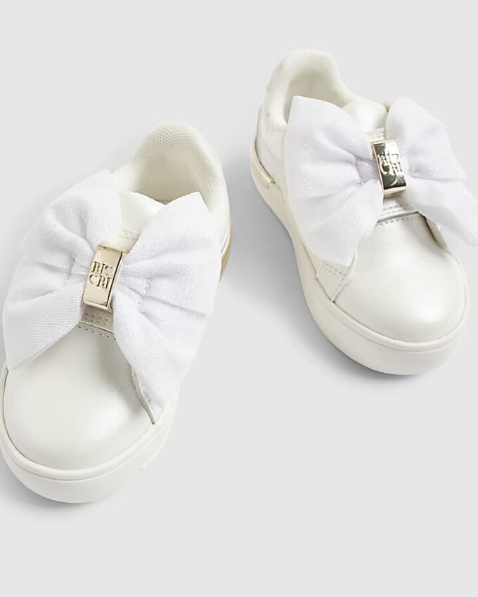 Mini Girls vita monogramskor med kardborreband och rosett