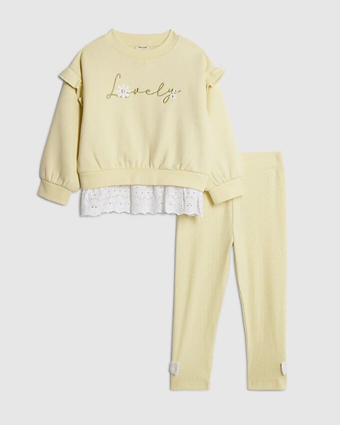 Mini Girls Yellow Broderie Hem Sweatshirt Set Mini Girls Yellow Broderie Hem Sweatshirt Set
