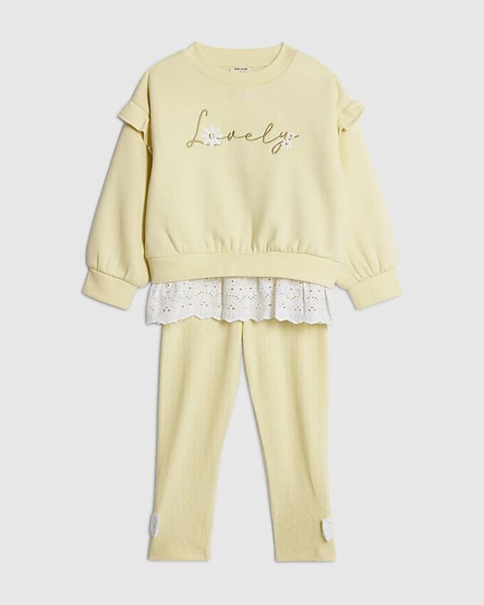 Mini Girls Yellow Broderie Hem Sweatshirt Set Mini Girls Yellow Broderie Hem Sweatshirt Set