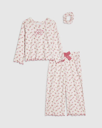 Mini-pyjamas för flickor i rosa med rosenknoppar