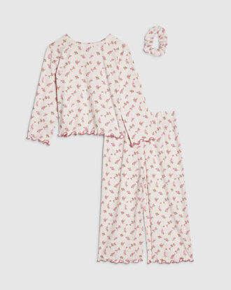 Mini-pyjamas för flickor i rosa med rosenknoppar
