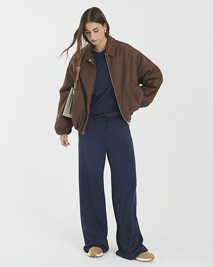 Navy Premium högmidjade joggingbyxor med vida ben