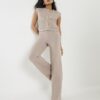 Petite beige breda stickade byxor