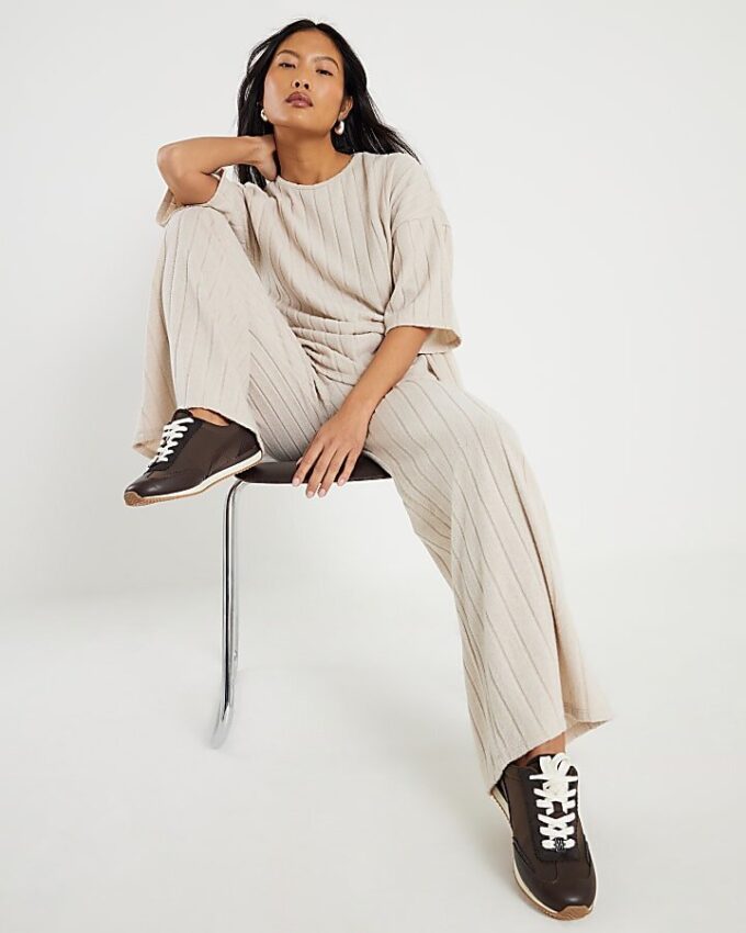 Petite Beige Cosy Wide Ribbed Trousers