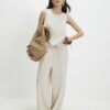 Petite beige linneblandade vida byxor