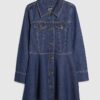 Petite blå denimklänning med långa ärmar