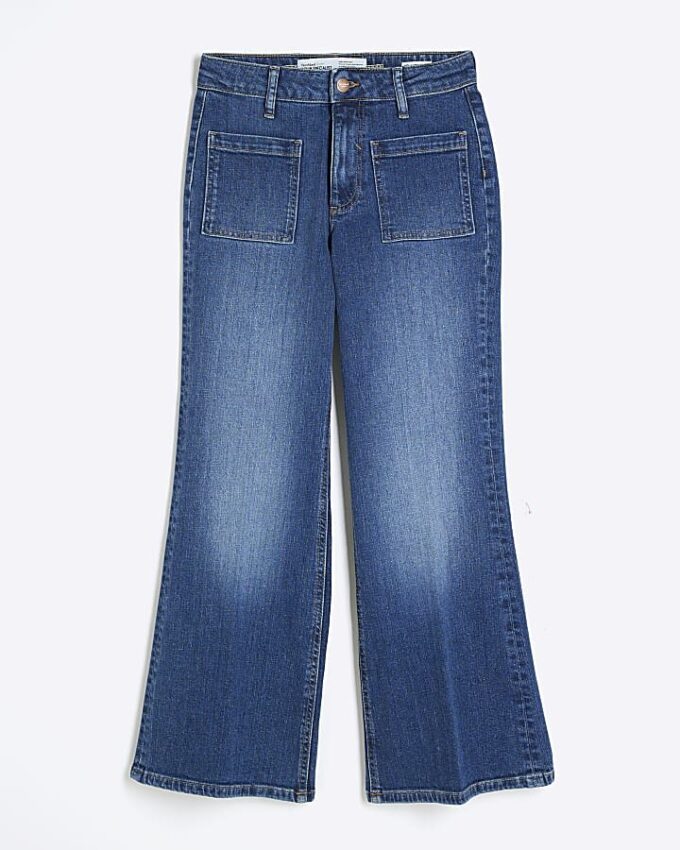 Petite blå högmidjade avslappnade flare-jeans Petite blå högmidjade avslappnade flare-jeans