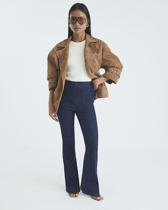 Petite blå högmidjade pull-on-jeans med utsvängda ben