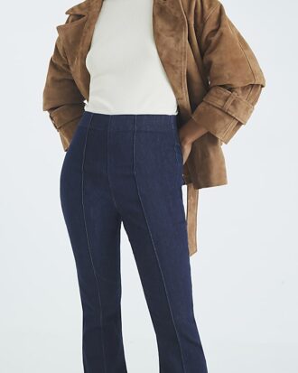 Petite blå högmidjade pull-on-jeans med utsvängda ben