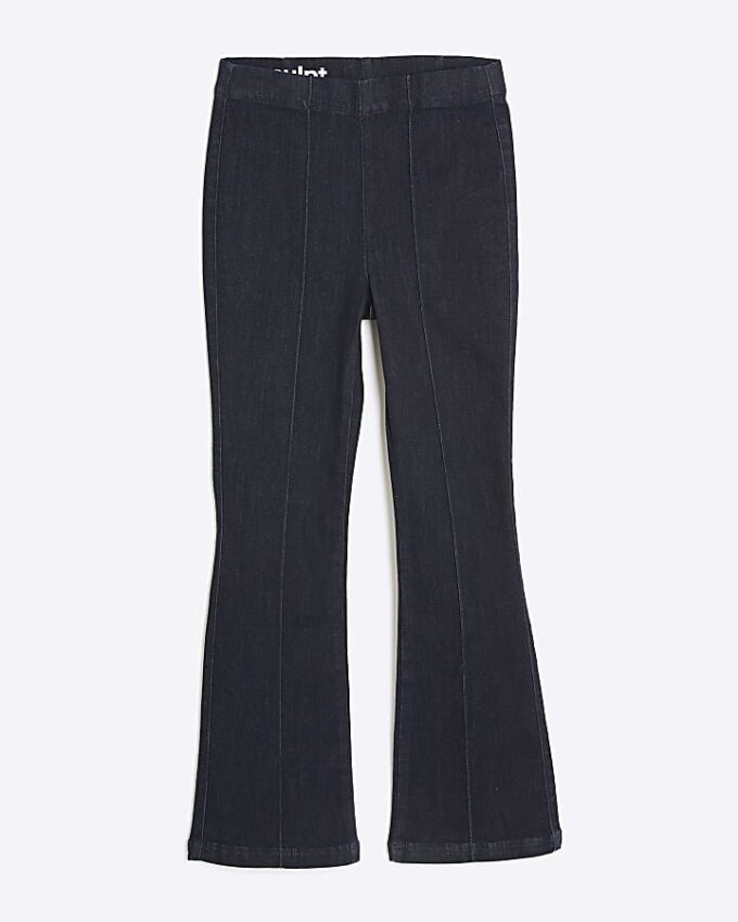 Petite blå högmidjade pull-on-jeans med utsvängda ben
