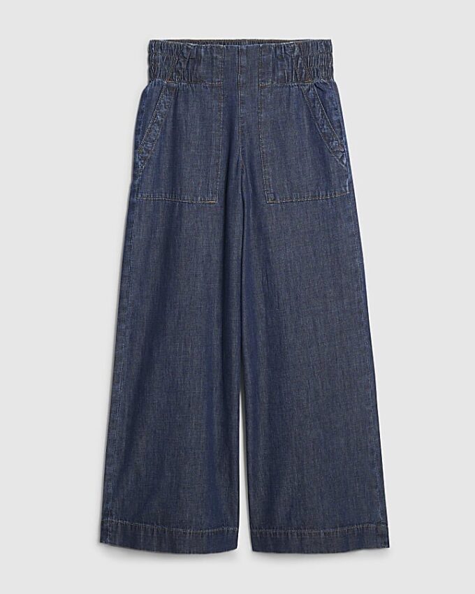 Petite blå pull-on-jeans med vida ben
