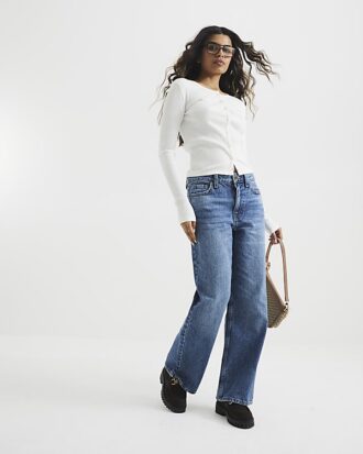Petite blåa, avslappnade, raka jeans