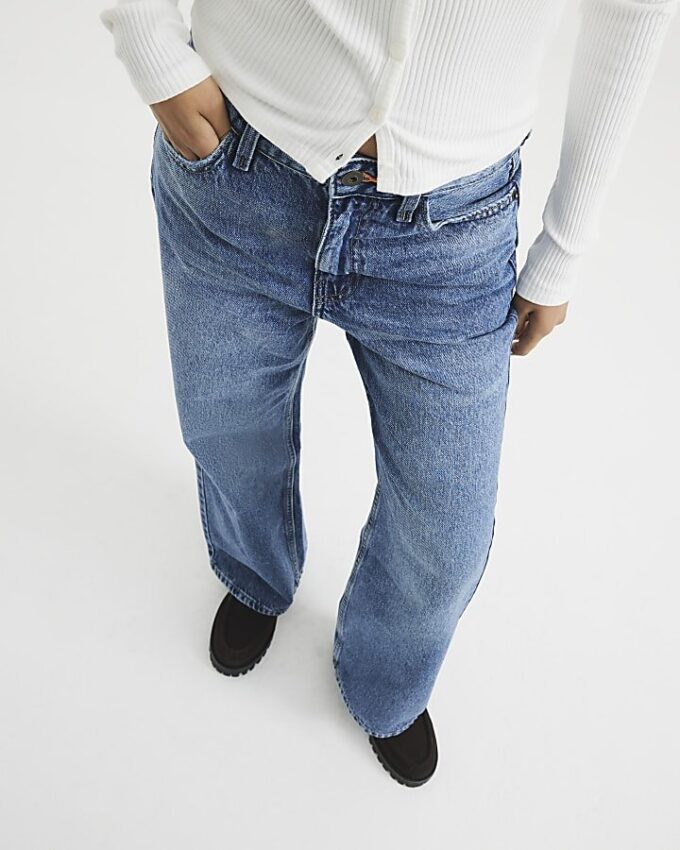 Petite blåa, avslappnade, raka jeans