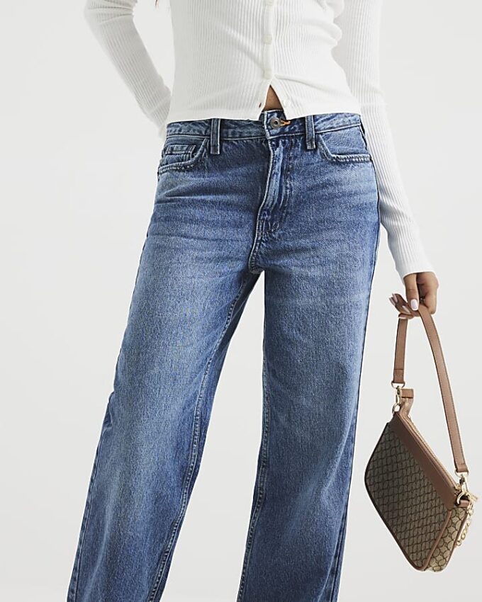 Petite blåa, avslappnade, raka jeans