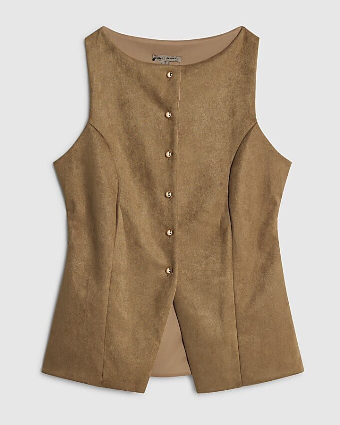 Petite brun ärmlös väst i imitationsmocka