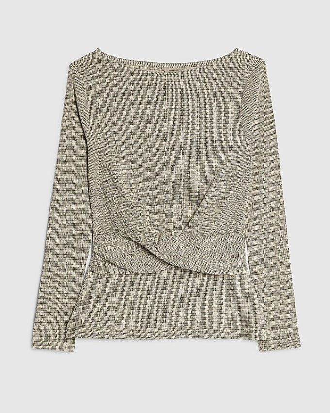 Petite Grey Long Sleeve Twist Front Top