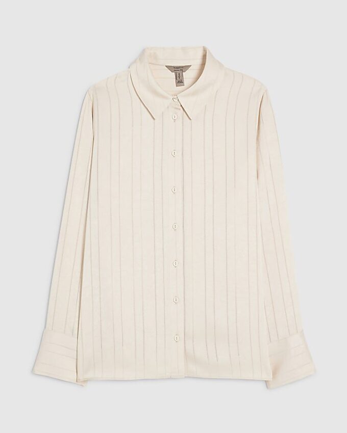 Petite krämfärgad randig blus