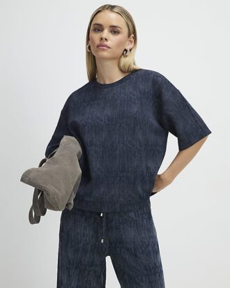 Petite Navy Premium Crinkle Boxy T-shirt
