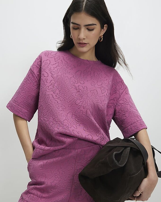 Petite Pink Jacquard Boxy T-shirt