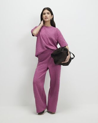Petite rosa jacquardbyxor med vida ben