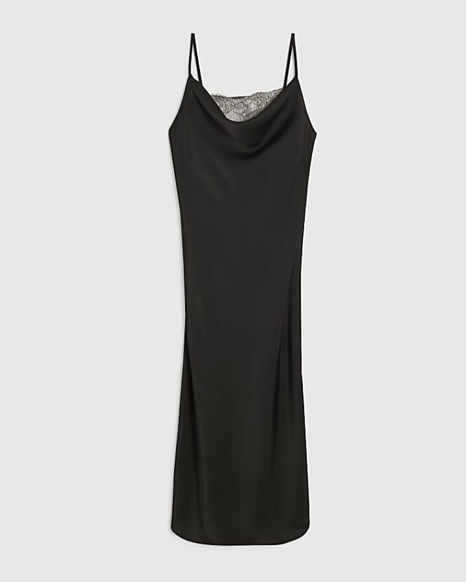 Petite svart midiklänning med cowl neck och spetsar