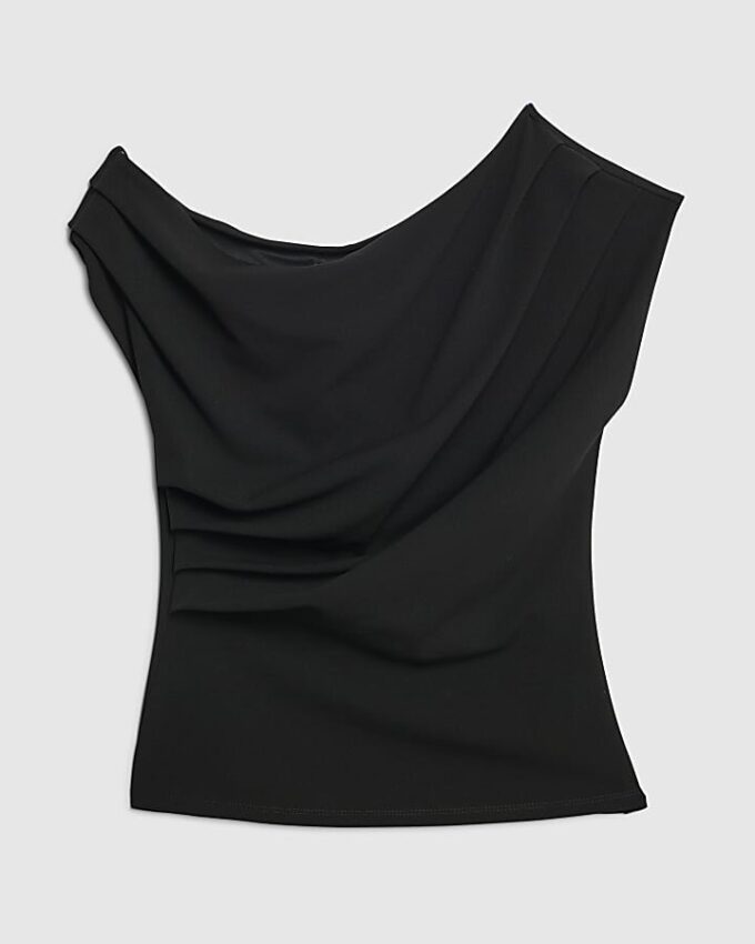 Petite svart off-shoulder-top med drapering