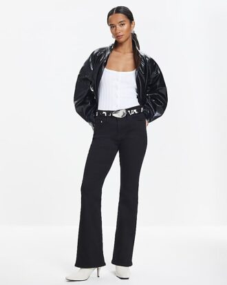 Petite svarta midhögt skurna flared jeans