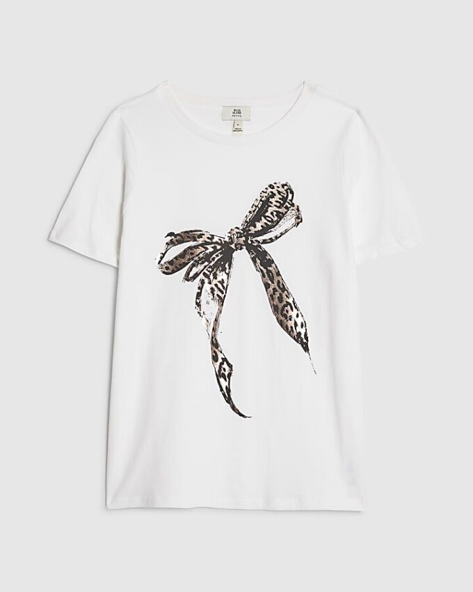 Petite vit T-shirt med leopardmönster och rosett
