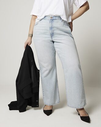 Plus blå högmidjade, avslappnade raka jeans