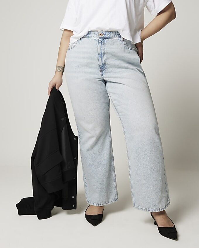 Plus blå högmidjade, avslappnade raka jeans Plus blå högmidjade, avslappnade raka jeans
