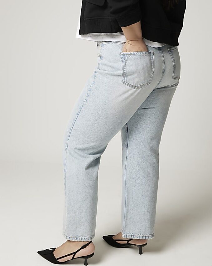 Plus blå högmidjade, avslappnade raka jeans Plus blå högmidjade, avslappnade raka jeans