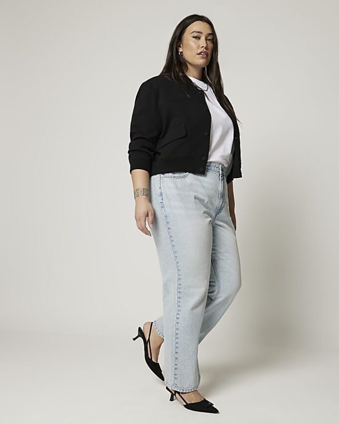Plus blå högmidjade, avslappnade raka jeans Plus blå högmidjade, avslappnade raka jeans