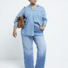 Plusblå jeans med hög midja och raka ben Plusblå jeans med hög midja och raka ben