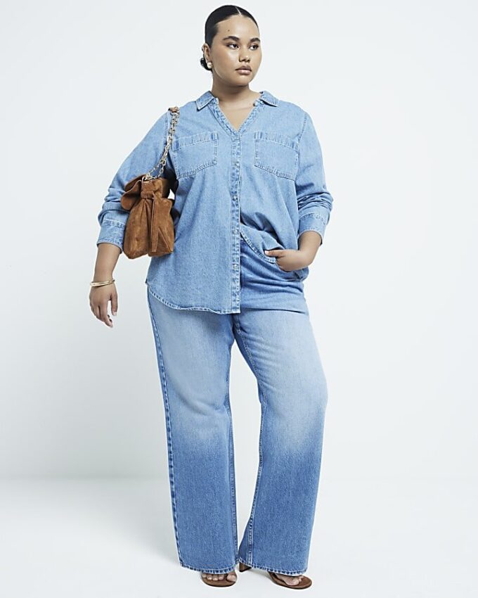 Plusblå jeans med hög midja och raka ben Plusblå jeans med hög midja och raka ben