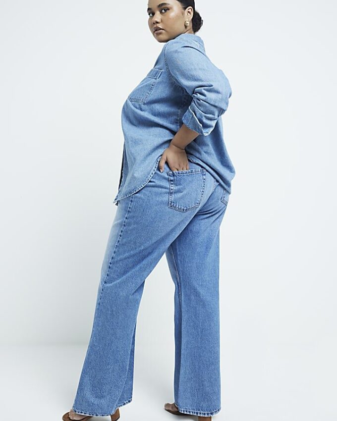 Plusblå jeans med hög midja och raka ben Plusblå jeans med hög midja och raka ben