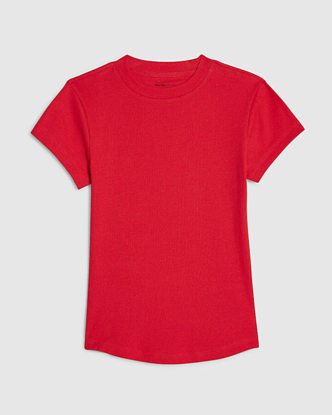 Röd figursydd ribbad T-shirt