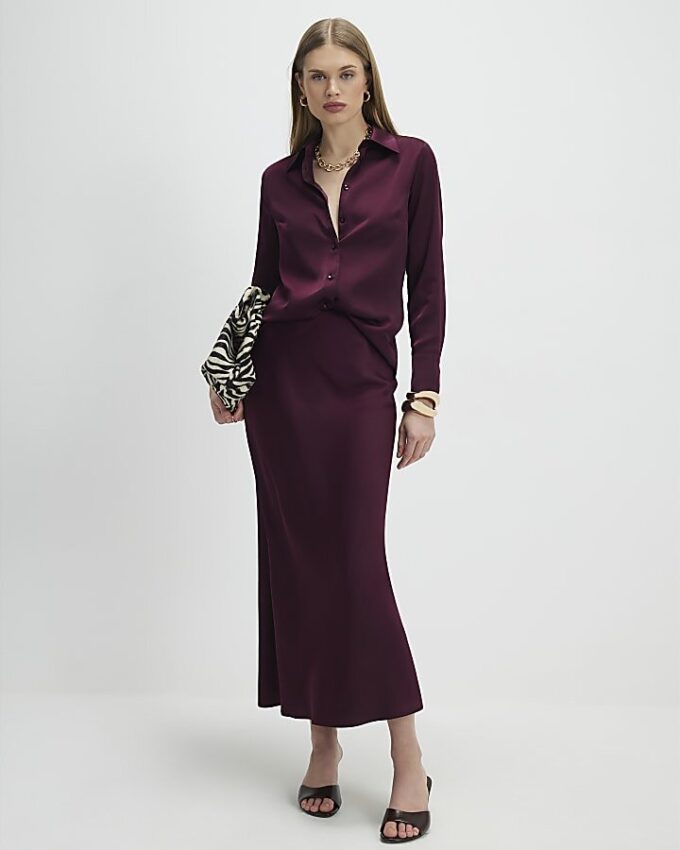 Röd långärmad slim fit-skjorta i satin