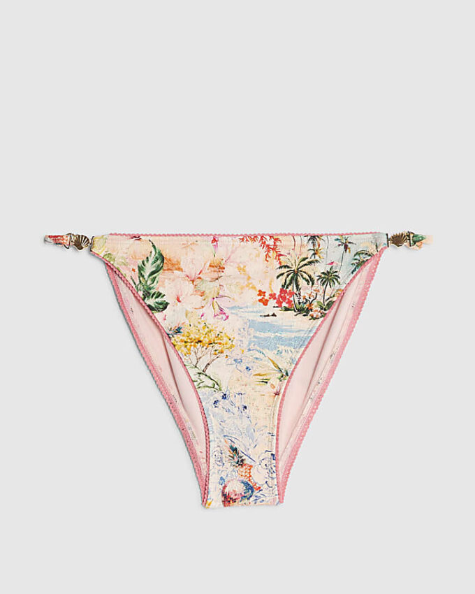 Rosa bikinitrosor med blommönster och knytband på sidorna