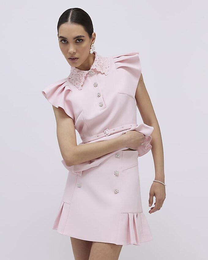 Rosa diamantplisserad minikjol