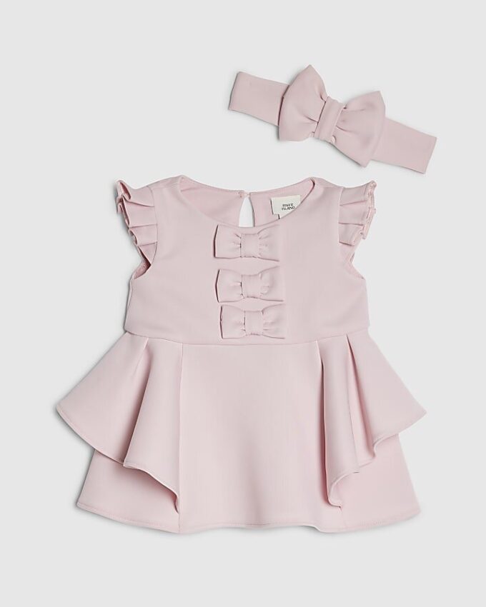Rosa klänningsset med volangärmar och rosett för babyflickor