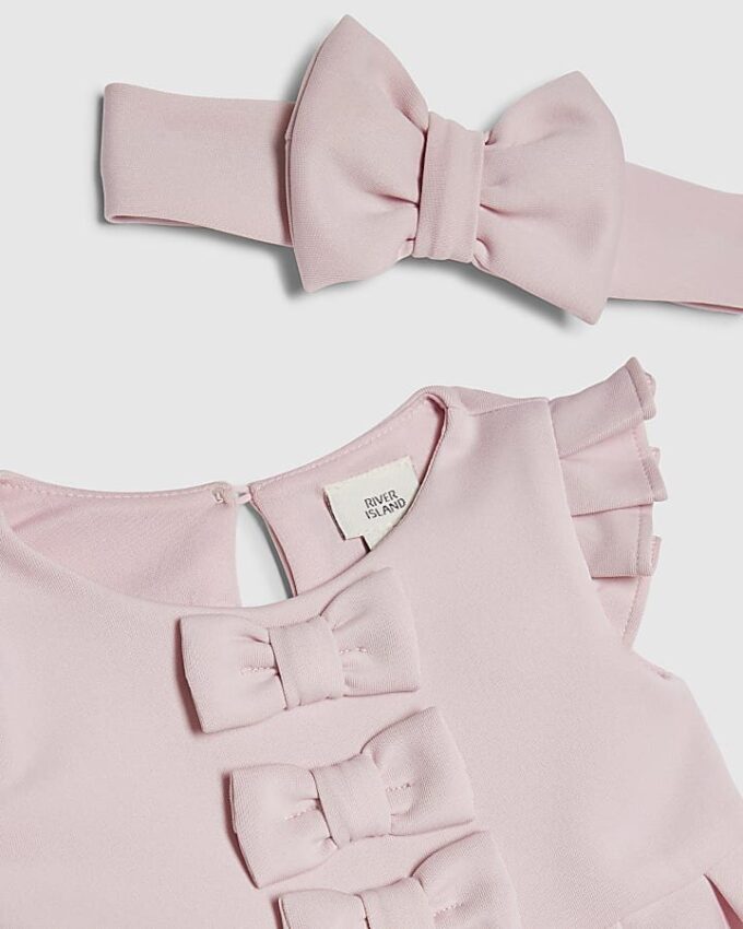 Rosa klänningsset med volangärmar och rosett för babyflickor