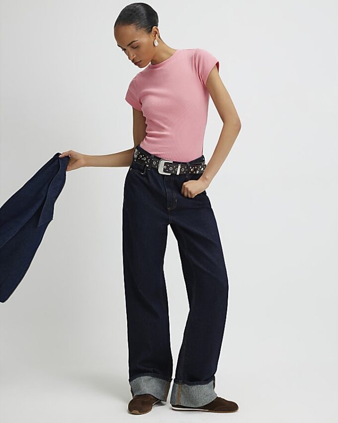 Rosa kortärmad ribbad T-shirt