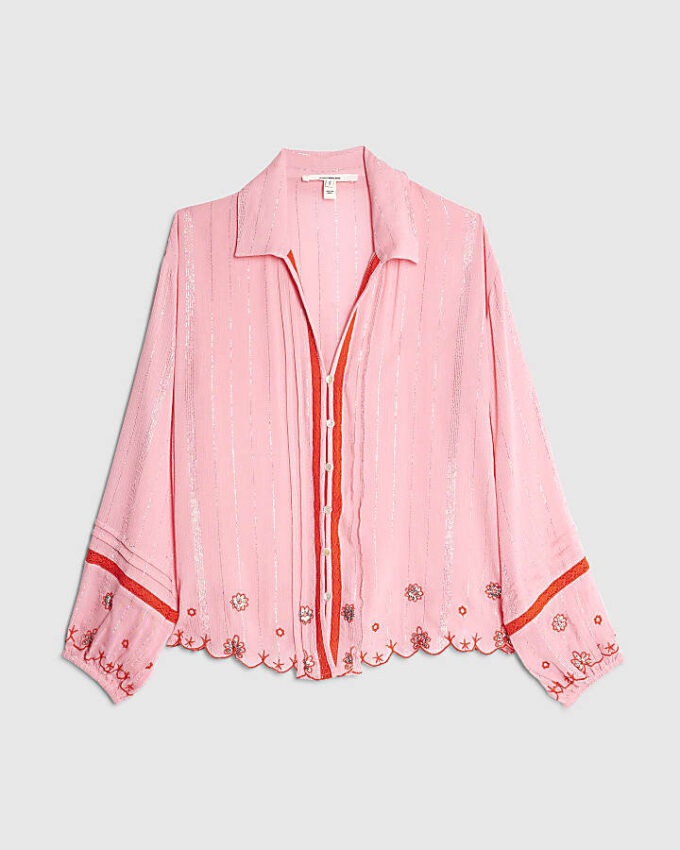 Rosa långärmad broderad strandskjorta