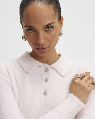 Rosa långärmad fluffig polotröja