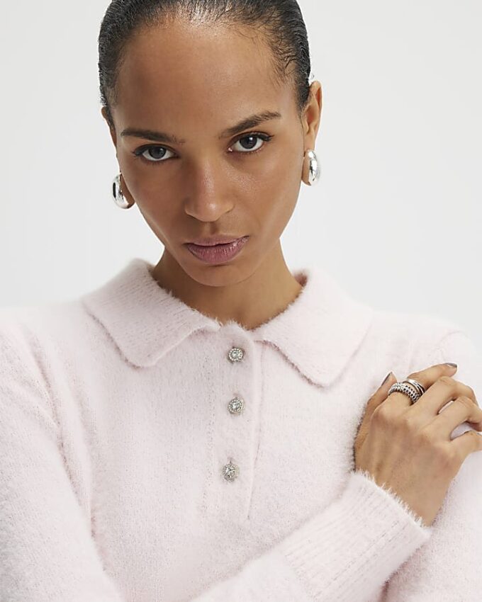 Rosa långärmad fluffig polotröja