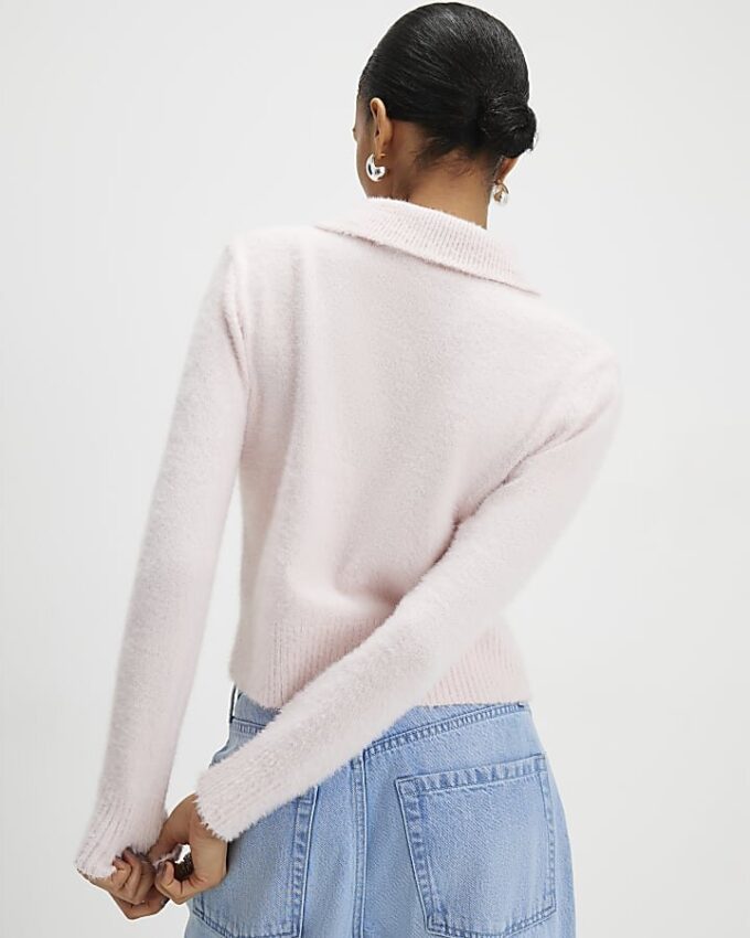Rosa långärmad fluffig polotröja