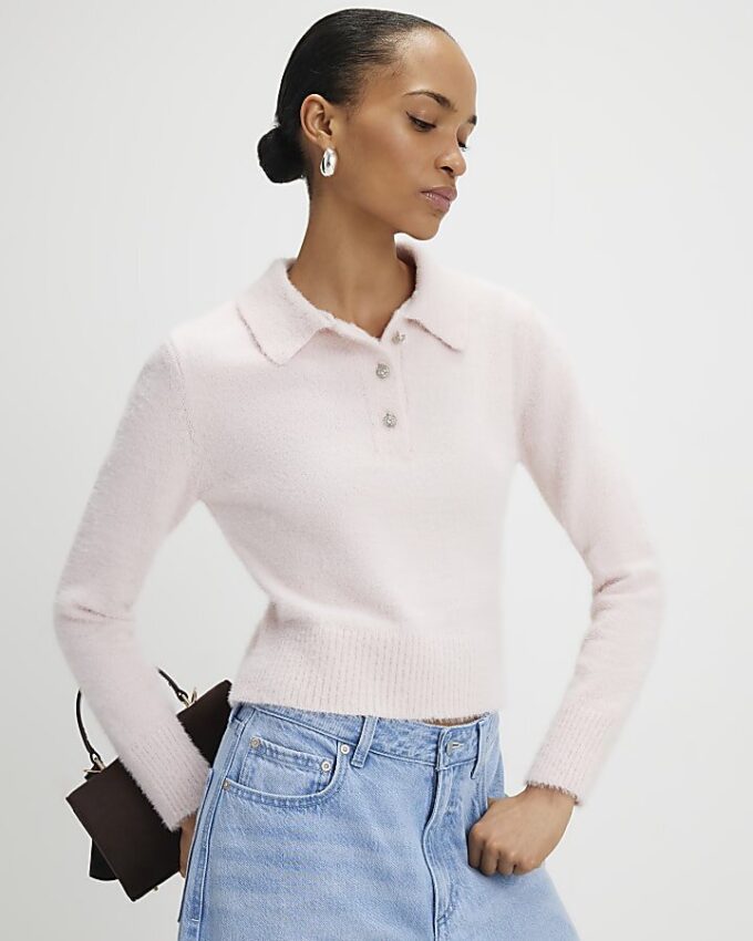 Rosa långärmad fluffig polotröja