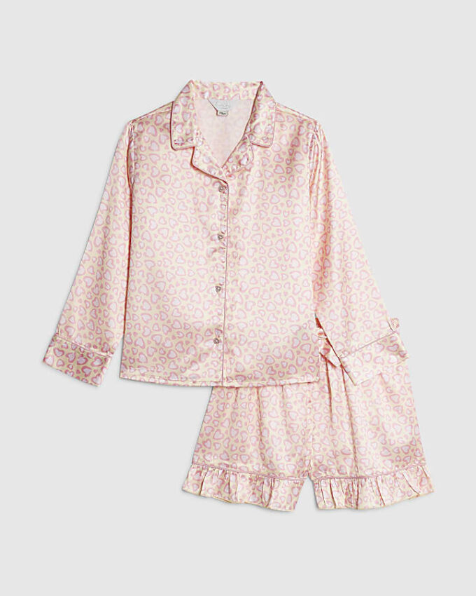 Rosa pyjamas i satin med leopardmönster för flickor